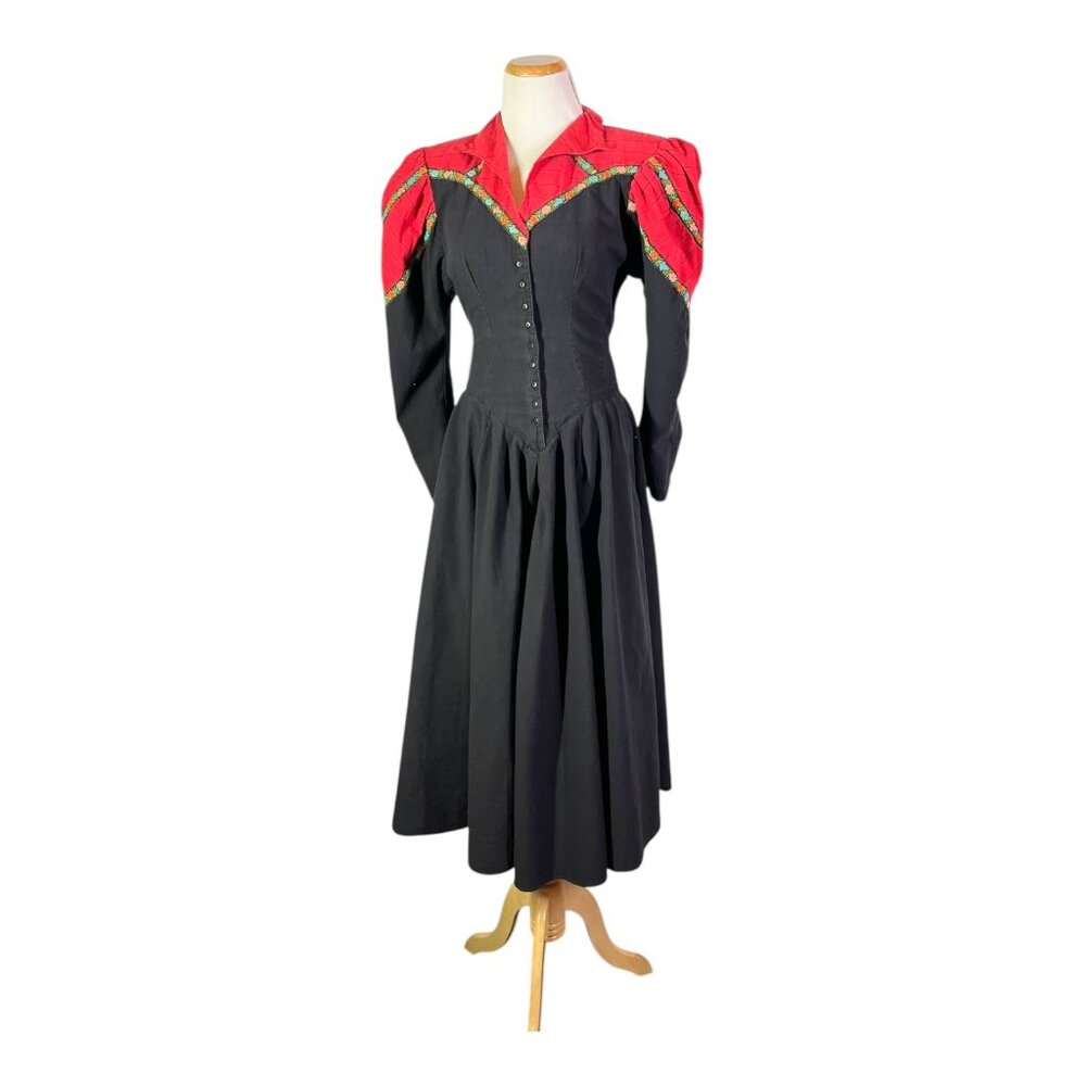 Vintage 1980s MENU Size 8 Western Style Dress V-Waist Puffed Sleeves *Flaw